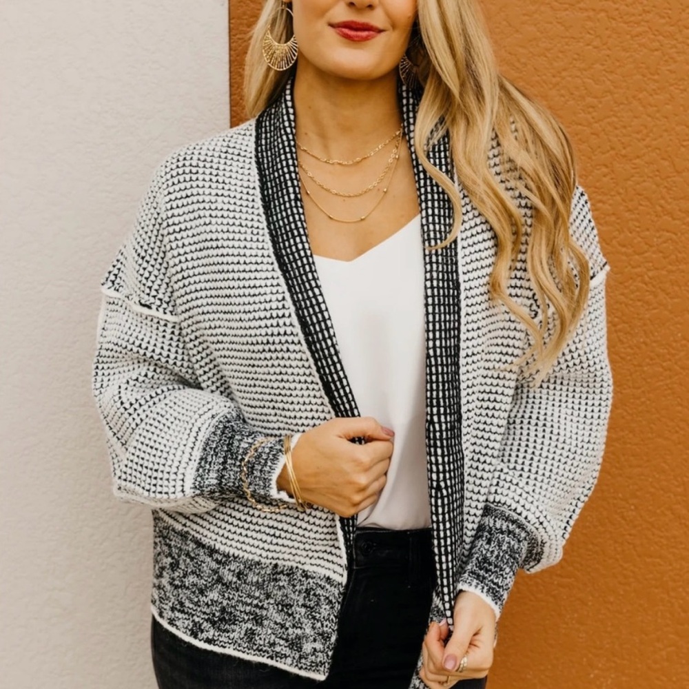 Black and White Women's Waffle Knit Cardigan - Picture 2 of 6